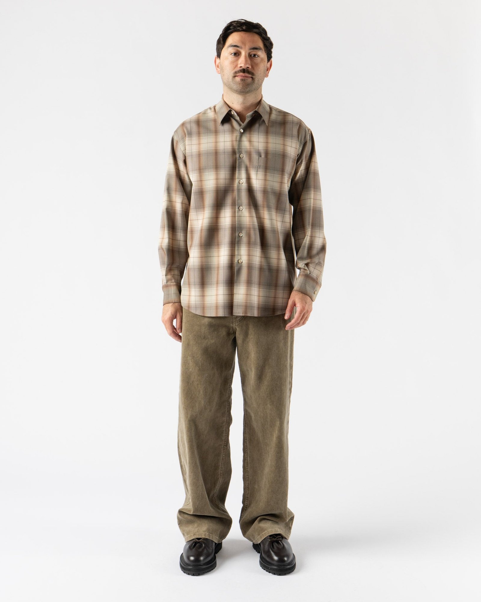 Auralee Super Light Wool Check Shirt in Gray Brown Check Curated